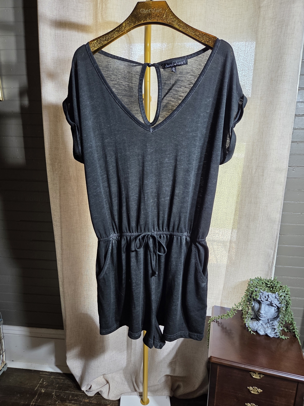 Derek Heart Black V-Neck Drawstring Romper